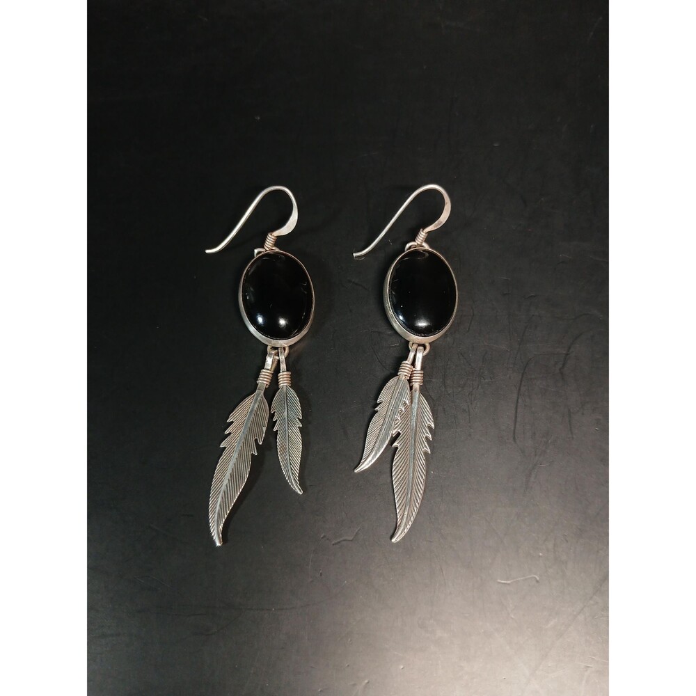 Native American Sterling Silver Black Onyx Feather Dangle Earrings
